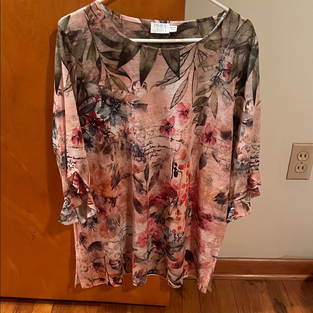 Time and Tru Floral Tunic - Pink and Green